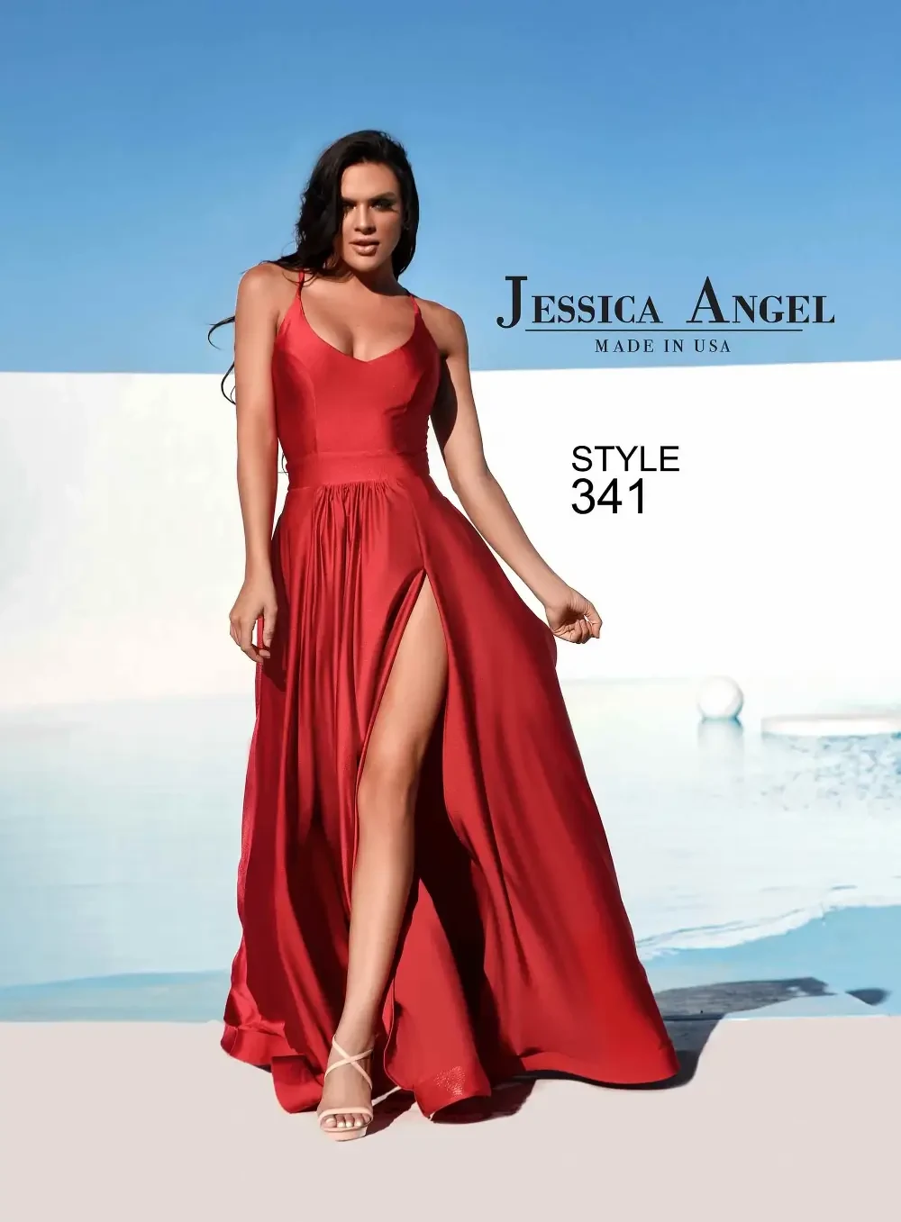 A model wearing a red dress with a high slit, standing by a pool, with the text 